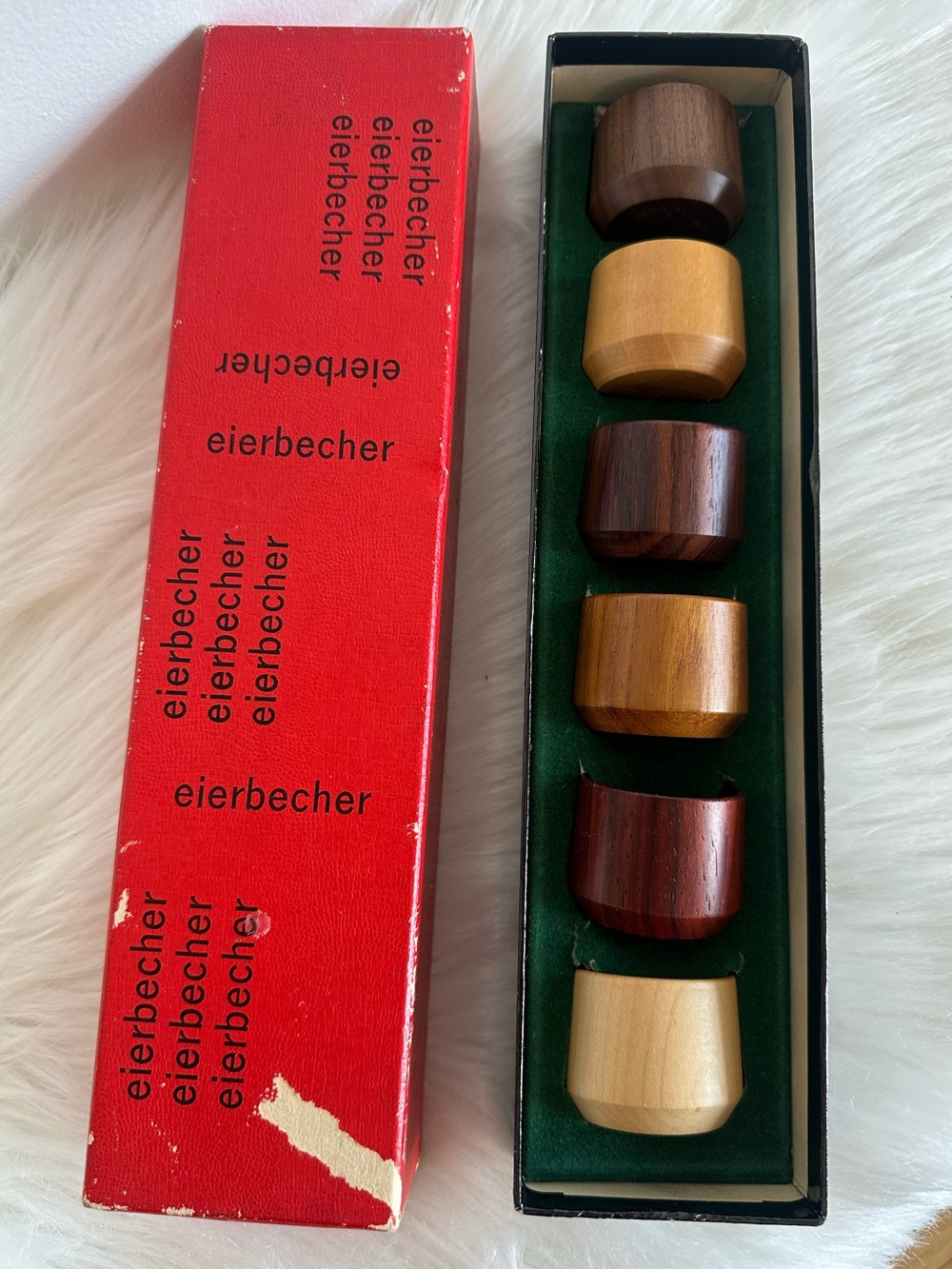 Vintage Eierbecher Wooden Egg Cups in Original Box - set of 6